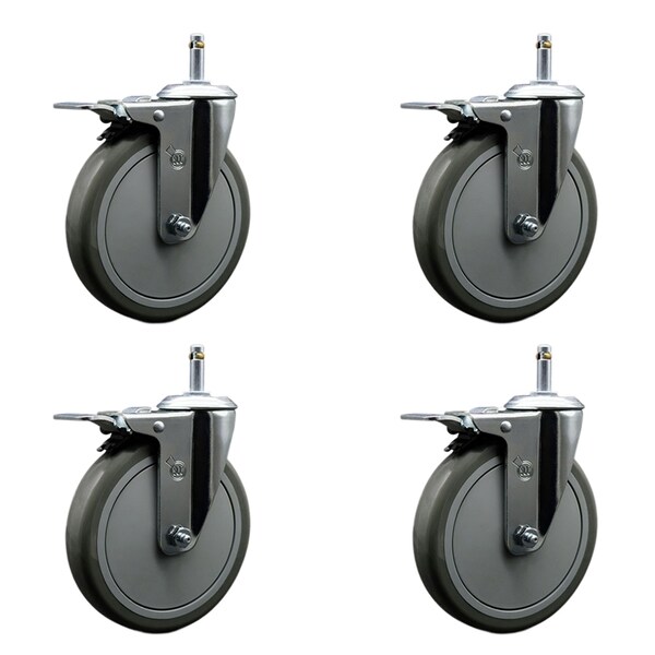 6'' Gray Polyurethane Swivel 7/16'' Stem Caster Set with Total Lock Brake, 4PK